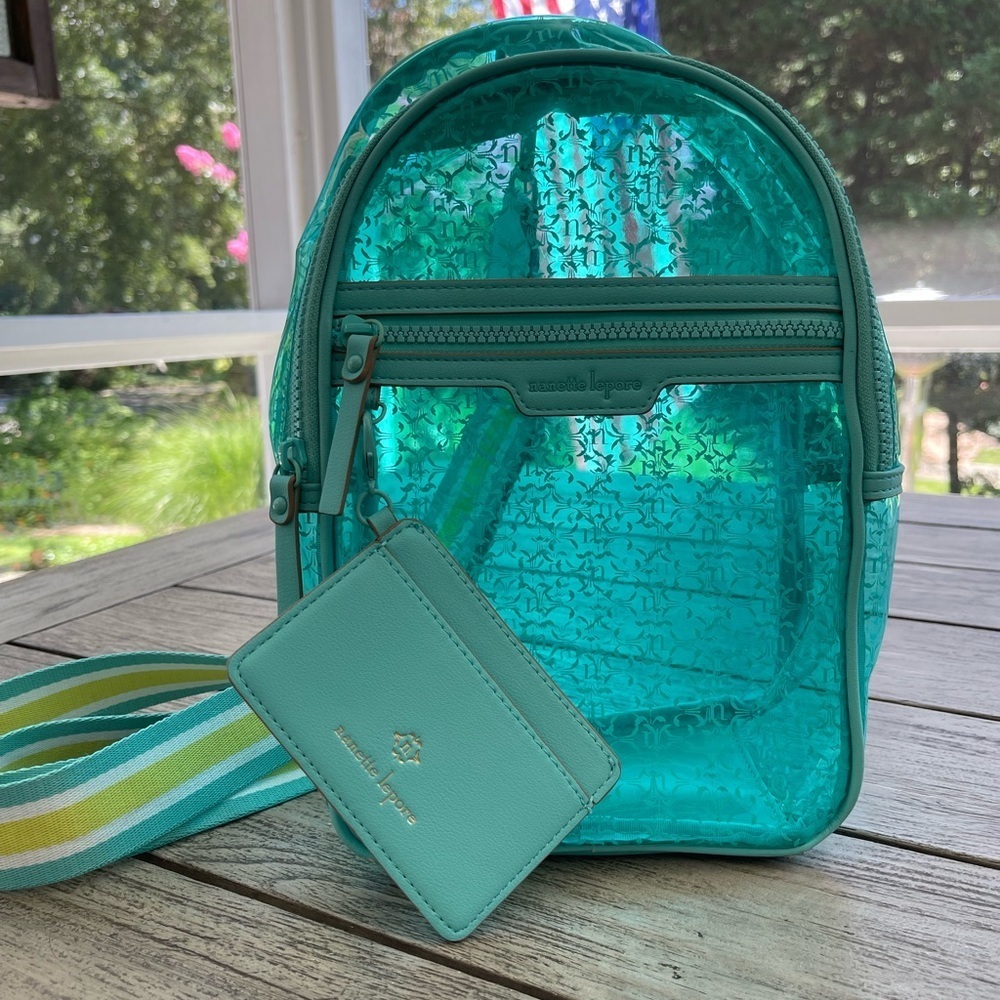 Nanette Lepore Kourt Logo Teal Clear Sling Bag with Card Holder